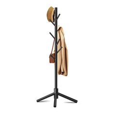 a coat rack with two coats hanging from it's sides and three hats on top