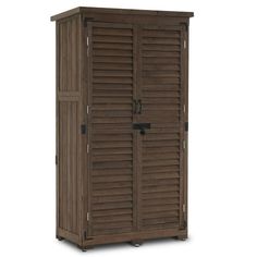 a tall wooden cabinet with shutters on the front and side doors, in brown