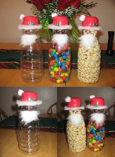 three pictures of santa claus jars filled with candy and candies, one has flowers in it