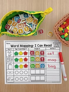 the word map is next to a bag of letters and numbers