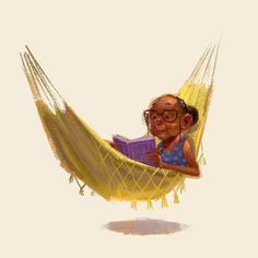 an old woman sitting in a hammock reading a book