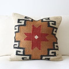 These beautiful pillow covers use handwoven fabrics imported from India (Pillow Insert NOT included). These uniquely designed pillows were expertly crafted with ancient Kilim motifs in mind. They are made of 30% Jute 70% wool. The pillow backing on these have a solid natural beige cotton fabric with a hidden zipper enclosure. They are a conversation piece for which ever room you decide to use them in. Great to add texture to an already neutral sofa for a designer finished look. Urban Troos Color Kilim Motifs, Beige Cotton Fabric, Neutral Sofa, Kilim Pattern, Handwoven Fabric, Pattern White, Bohemian Pillows, Beautiful Pillows, Handmade Kilim