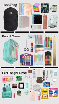 the contents of a backpack are shown in three separate rows, including pens, pencils, and other items