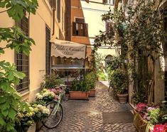 a bike parked on the side of a cobblestone street in an alleyway