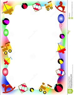 a colorful frame with toys and balloons on the bottom, in front of a white background