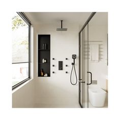 a bathroom with a shower, toilet and shelves on the wall next to the window