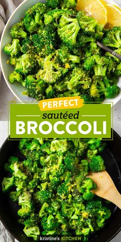 broccoli is being cooked in a skillet with lemon wedges on the side