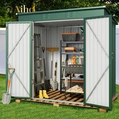 a garden shed with the door open and gardening tools in it's storage compartment