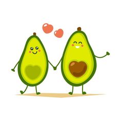 two avocados are holding hands and one is in the shape of a heart