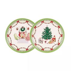 two plates with christmas designs on them, one is green and the other is white