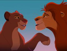 the lion king and cub are facing each other