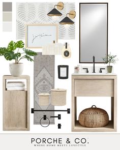 a bathroom design board with neutral colors and accessories for the sink, mirror, toiletries, rugs