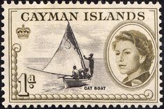 an old postage stamp with the image of a woman in a boat and a man on a sailboat