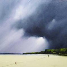 an oil painting of people walking on the beach under a stormy sky with dark clouds