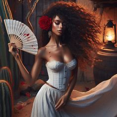 a woman in a white dress holding a fan next to a cacti plant