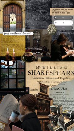 a collage of shakespeare's and trageds, including an open book