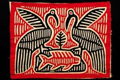 a red and black painting with two birds on the front, one bird is holding a fish in it's beak