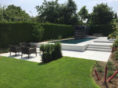 an outdoor pool surrounded by grass and shrubbery, with chairs around the pool area