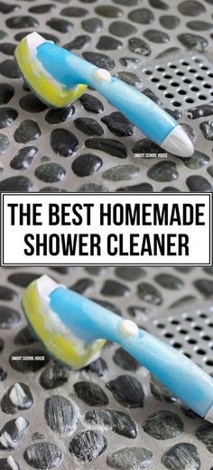 two toothbrushes sitting on top of a metal grate with the words, the best homemade shower cleaner