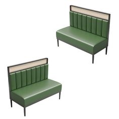 two green leather chairs sitting next to each other