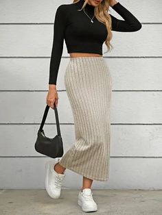 Color: Apricot, Size: 14-XXL Long Ribbed Skirt Outfit, Knit Long Skirt Outfit, Beige Knit Skirt Outfit, Fitted Midi Skirt Outfit, Long Knit Skirt Outfits, Beige Long Skirt Outfit, Long Beige Skirt Outfit, Knit Midi Skirt Outfit, Ribbed Skirt Outfit