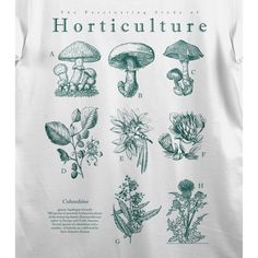 a white t - shirt with an illustration of different plants and mushrooms