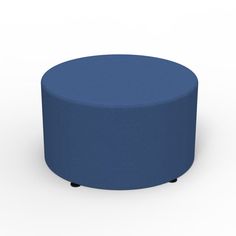 a round blue ottoman sitting on top of a white floor next to a black base