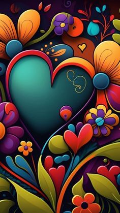 a colorful heart surrounded by flowers and leaves