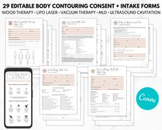 "These editable body contouring forms will save you time and money! Perfect for creating professional forms for your body sculpting business. These forms are customizable in Canva. Canva is a free program to use, get your copy here: https://www.canva.com/join/gargoyle-parisian-dogs ➤ You will receive (1) PDF with links to your Canva templates. ➤Your templates include (all are in size US Letter except for the virutal care card templates): - LIPO LASER INFORMED CONSENT (4 PAGES) - LIPO LASER INTAK Body Sculpting Business, Vacuum Therapy, Wood Therapy, Laser Lipo, Informed Consent, Phone Template, Consent Forms, Le Vide, Care Card