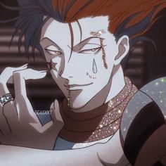 an anime character with red hair and piercings on his face, wearing a ring