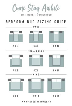 the bed room rug sizing guide is shown with instructions to make it easy and fun