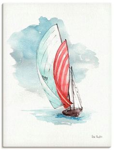 a watercolor painting of a sailboat with red and white stripes on the sails