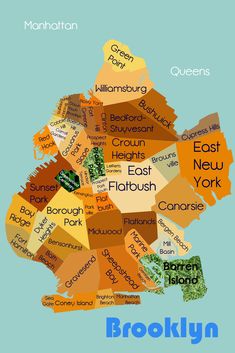 an illustrated map of brooklyn with all the major cities and their names in blue, green, yellow, orange and brown