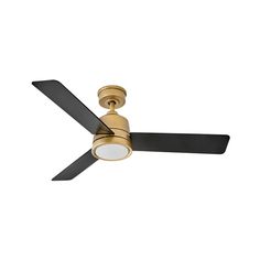 a gold ceiling fan with two black blades and a light on the top of it