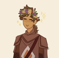 a drawing of a man with flowers in his hair wearing a flower crown on his head