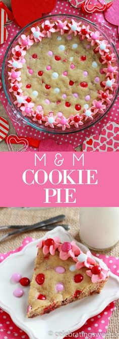 a heart shaped cookie pie on a plate with pink and white polka dot tablecloth