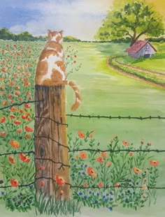 a painting of a cat sitting on top of a wooden fence post in a field