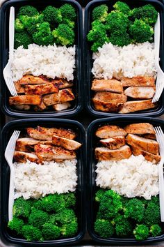 four trays filled with rice, broccoli and meat