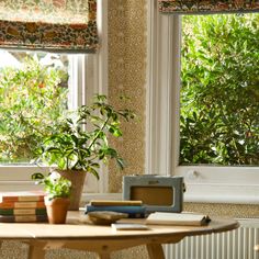 a table with books and a potted plant on it in front of a window