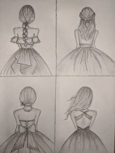 How To Draw A Dress From The Back, Back View Dress Drawing, Dress Outfits Drawing Easy, How To Draw A Person From The Back, Back Of Dress Drawing, People Colouring Pages, Pencil Drawings Dresses Sketch, Easy Fashion Sketches For Beginners, Dress Design Sketches For Beginners