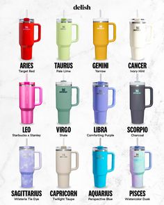 the different types of travel mugs are shown in this poster, which shows their names