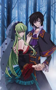 two anime characters standing next to each other in the woods