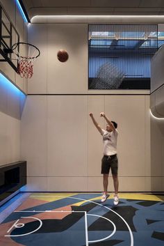 a man standing on top of a basketball court next to a basket ball in the air