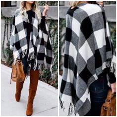 Black & Ivory Plaid Buffalo Check Poncho Wrap With A Fringe Hemline. 24” From Shoulder To Hem 100% Acrylic One Size Our Boutique Is Filled With A Curated Collection Of Styles: Spell Gypsy Boho Bohemian Hippie Retro Vintage Handmade Coachella Festival Free People Anthropologie Johnny Was Urban Outfitters Western Aztec Tribal Floral Vacation Fall Winter Spring Summer Casual Mumu Cocktail Love Lemons Coat Cowichan Sweaters White Long Sleeve Poncho For Fall, Casual White Poncho For Fall, Chic White Poncho For Fall, White Fall Poncho, Chic White Poncho For Winter, Chic White Fall Poncho, Chic White Winter Poncho, Cowichan Sweaters, Modest Casual