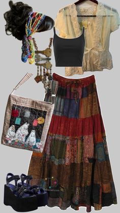 Whimsygoth Summer Outfits, Whimsigoth Beach Outfit, Colorful Whimsigoth Outfits, Layering Necklaces Hippie, Spring Hippie Patchwork Maxi Skirt, Maximalist Fairycore Outfit, Hippy Summer, 70s Fashion Outfits, Festival Outfits Rave