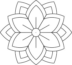 a black and white image of a flower with leaves in the middle, on a white background