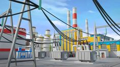 an artist's rendering of a factory with power lines running through it