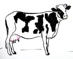 a black and white drawing of a cow with pink spots on it's face