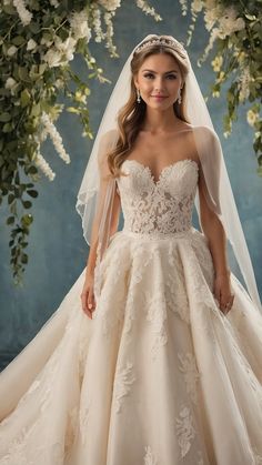 a woman in a wedding dress standing under a floral arch with greenery on it