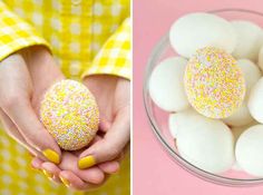 two pictures one with eggs and the other with sprinkles